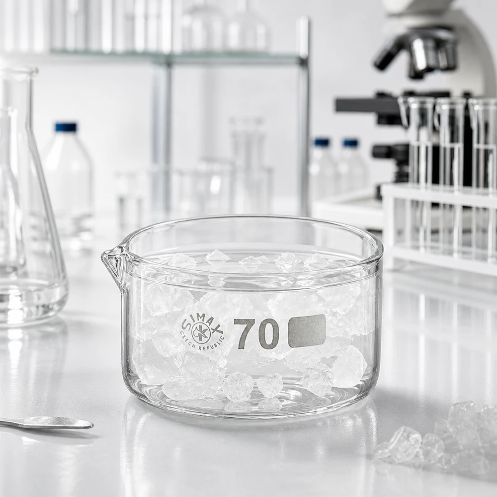100ml Kristallisierschale mit Ausguss Borosilikat ø70mm Niedrige zylindrische Glasschale 70mm mit weißen Kristallen Labor Ausstattung im Hintergrund