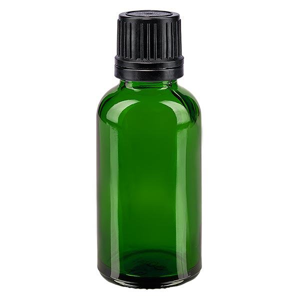 Apothekenflasche grün 30ml Tropfverschluss Giessring 1mm schwarz Originalitätsverschluss Apothekenflasche grün 30ml Tropfverschluss Giessring 1mm schwarz Originalitätsverschluss
