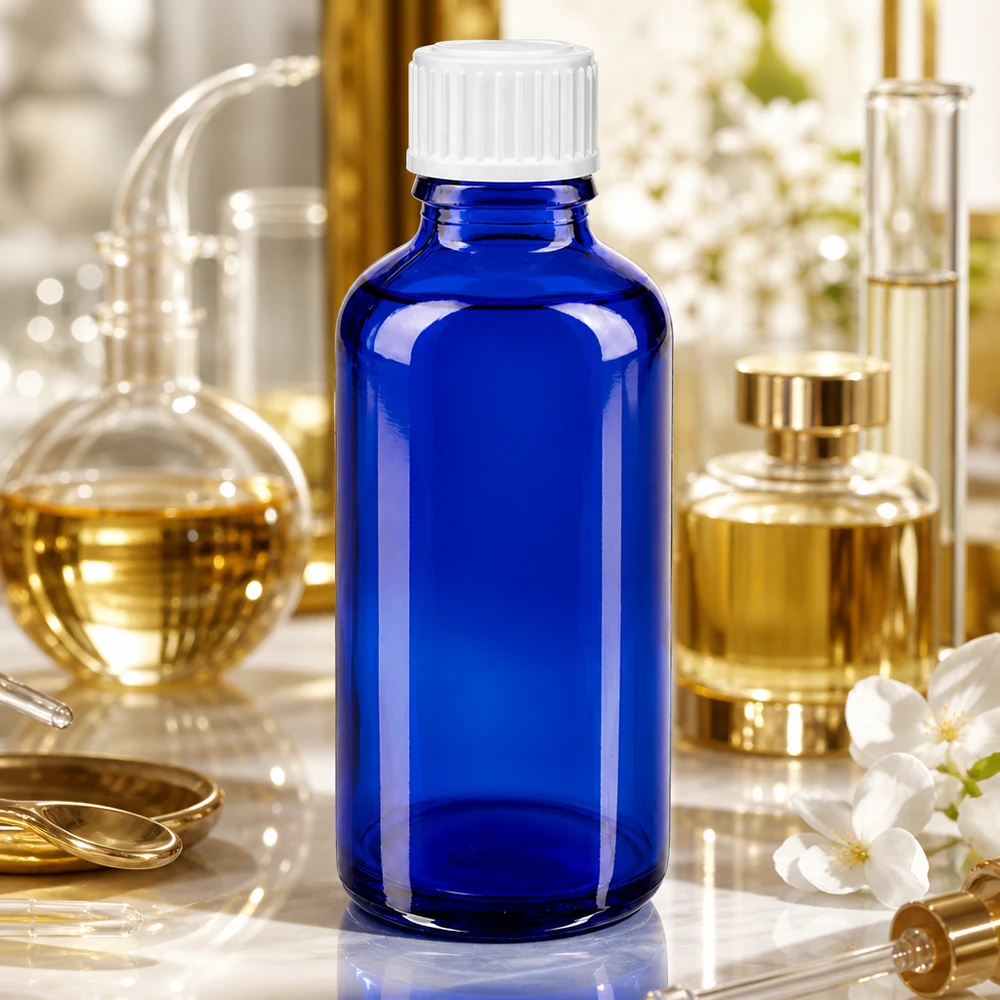 Blaue Medizinflasche 50ml Borosilikatglas weißer Verschluss auf Marmor mit Goldakzenten