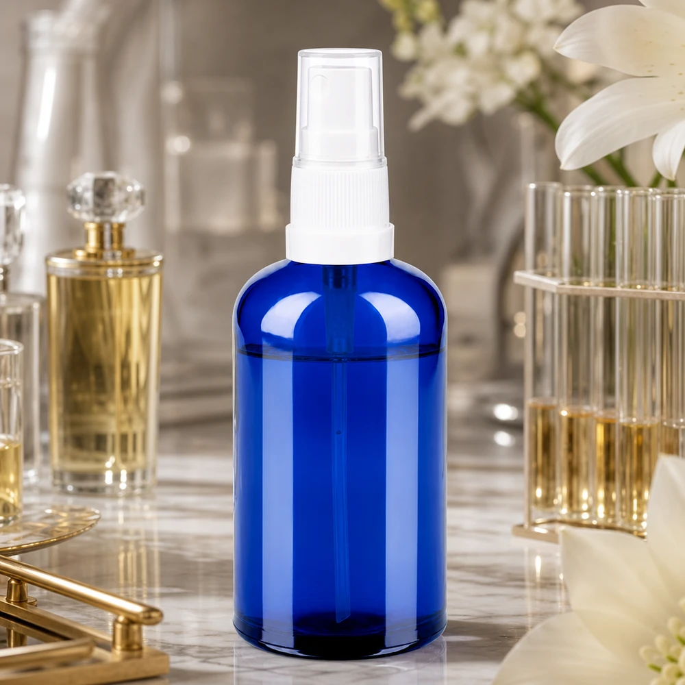 Robuste 100ml Glasflasche mit Sprühmechanismus in dekorativer blauer Ausführung für Haushalt