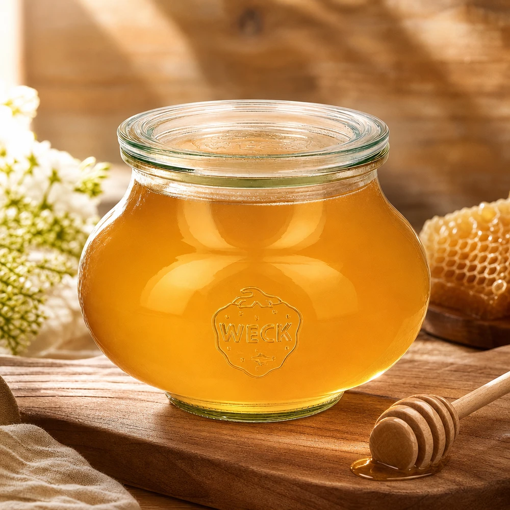 560ml Schmuckglas mit Glasdeckel WECK RR80 WECK Schmuckglas 560ml RR80 mit Honig befüllt neben Honiglöffel Bienenwaben und weißen Blüten auf Holzbrett
