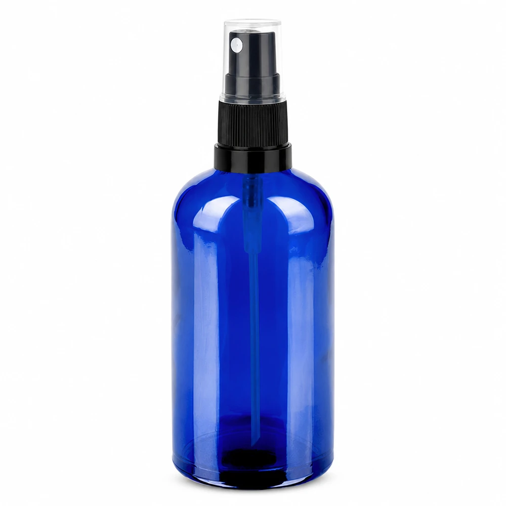 100ml Sprayflaschwarz schwarz/transparent Standardverschluss BlueLine UT18/100 Rundliche blaue Glasflasche 100ml mit ergonomischem schwarzen Sprühkopf für Flüssigkeiten
