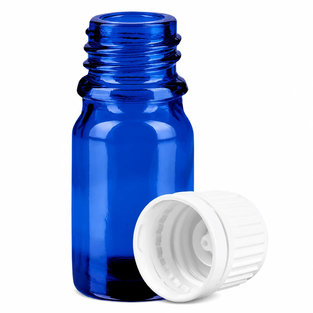 Handliche 5ml Flasche mit blauem Glas und weißer Kappe für mobile Anwendung