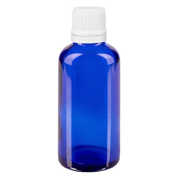 Apothekenflasche blau 50ml Tropfverschluss 1.2mm weiß Originalitätsverschluss Apothekenflasche blau 50ml Tropfverschluss 1.2mm weiß Originalitätsverschluss