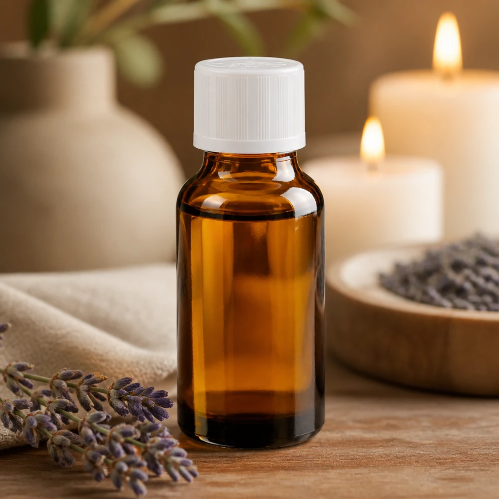 Apothekerglas 20ml in Bernsteinfarbe mit weißem KiSi Deckel und Tropfverschluss für Aromapflege