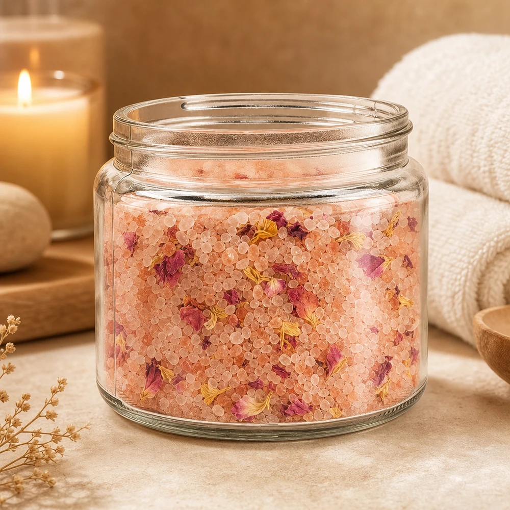Salbenglas (Glastiegel) 250 ml klar, ohne Deckel Glastiegel 250ml in natürlicher Spa-Umgebung mit Badesalz Blüten Kerzen und Handtuch dekoriert