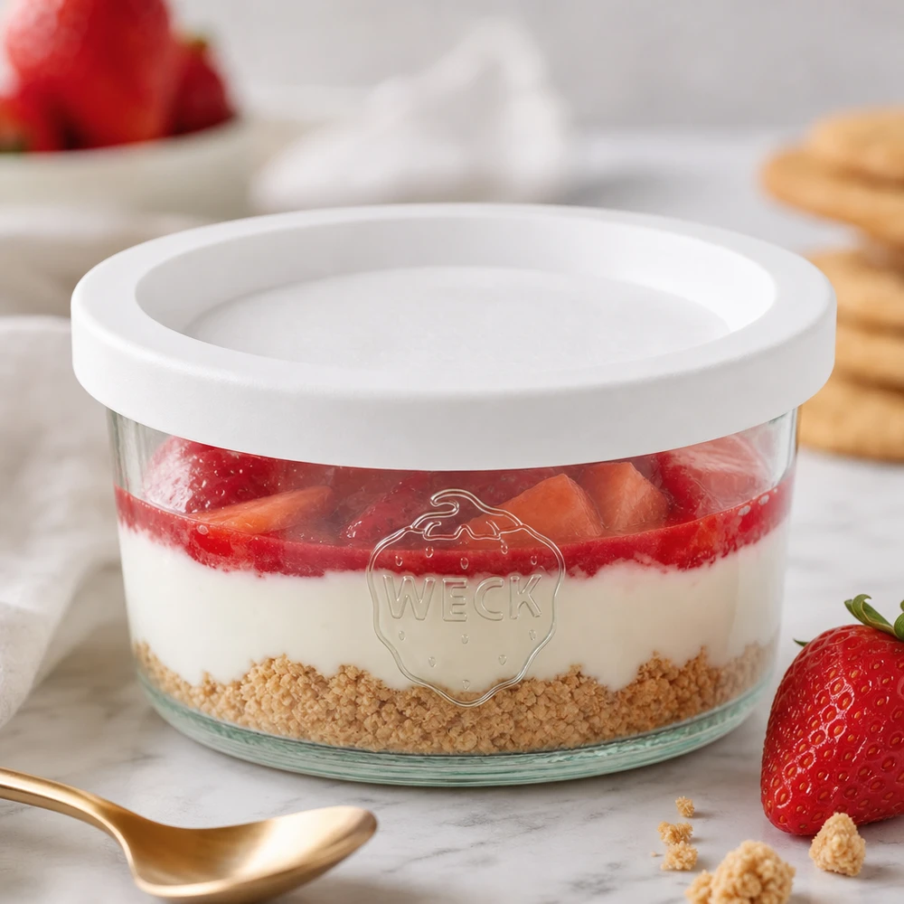 165ml Sturzglas mit Frischedeckel WECK RR80 WECK 165ml Sturzglas RR80 als Dessertschale mit Erdbeeren und Keksboden neben goldenen Löffel auf Marmor