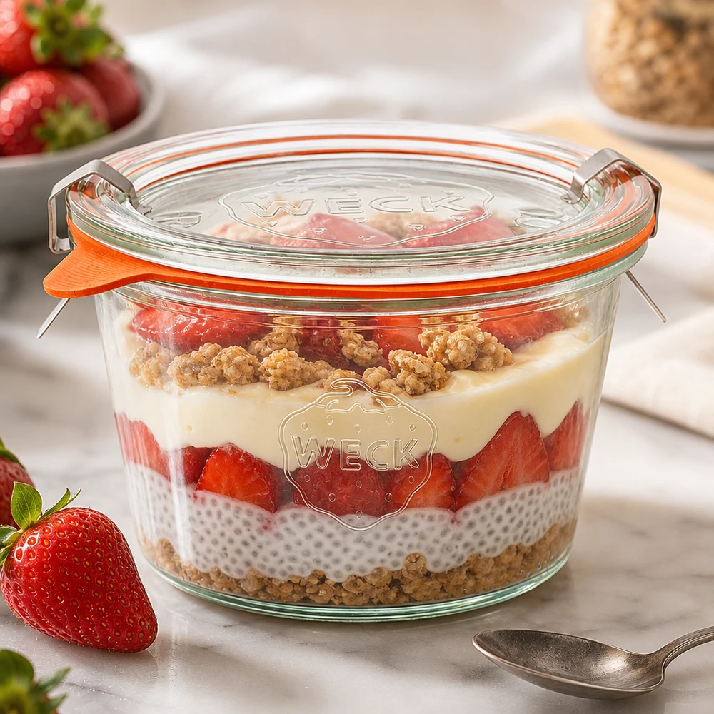 WECK Sturzglas 370ml RR100 mit Schichtdessert aus Chia-Pudding und Erdbeeren zeigt vielseitige Nutzung als Portionsglas