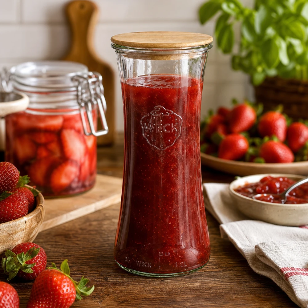 WECK Glasdose 700ml mit Bambus Deckel gefüllt mit Erdbeermarmelade Küchenszene Einkochen Vorratshaltung