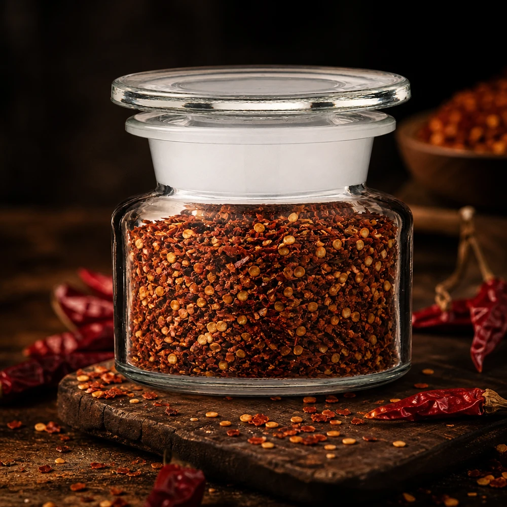 Apothekerflasche 50 ml Klarglas als stilvolles Gewürzglas mit Chiliflocken auf rustikalem Untergrund