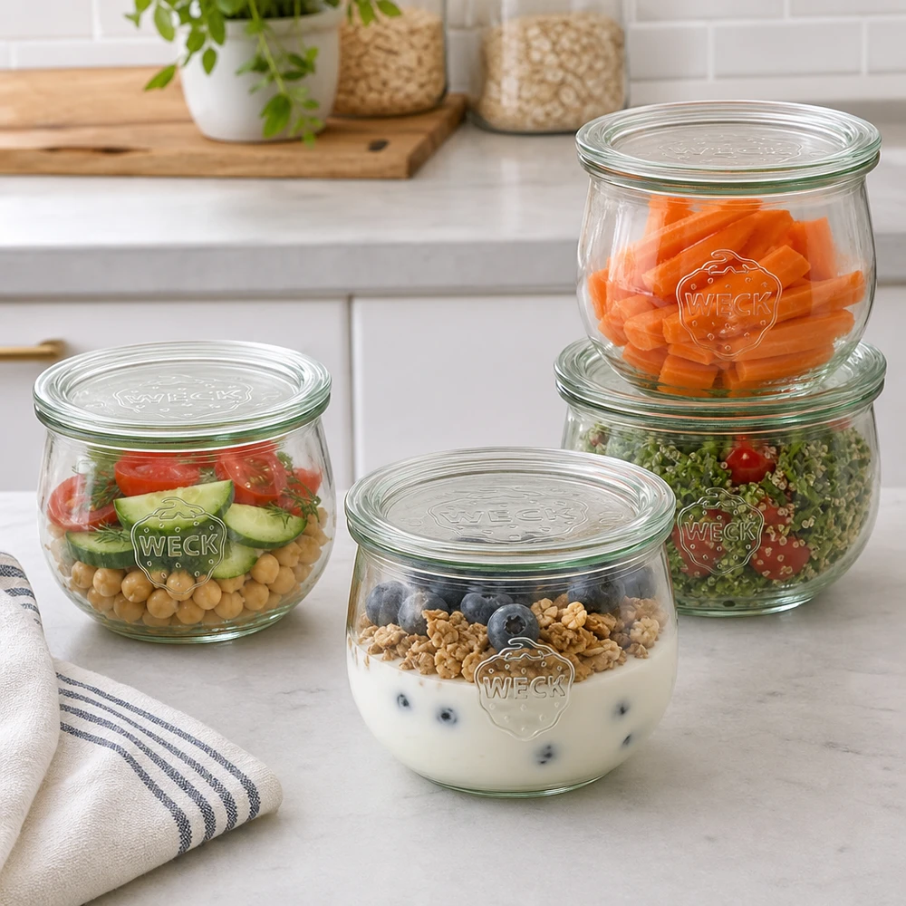 WECK Tulpengläser 580ml RR100 als praktische Meal Prep Behälter mit Salat Joghurt und Gemüse in moderner Küche