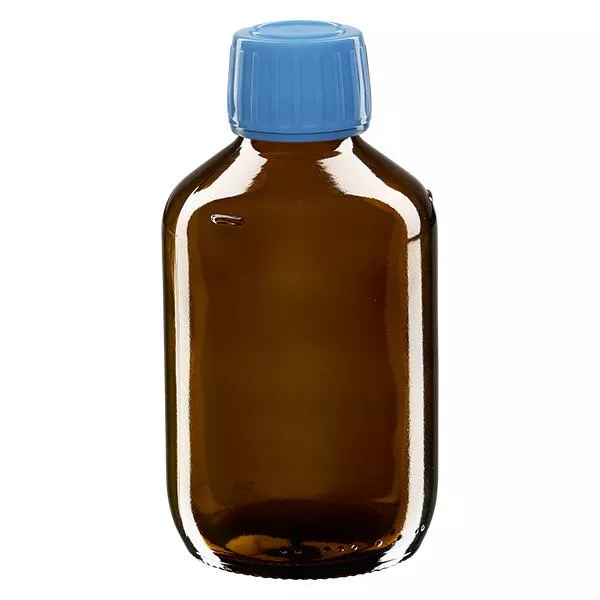 200ml Medizinflasche braun, Verschluss blau mit Originalitätsring ApoGlas 200ml Medizinflasche braun, Verschluss blau mit Originalitätsring ApoGlas