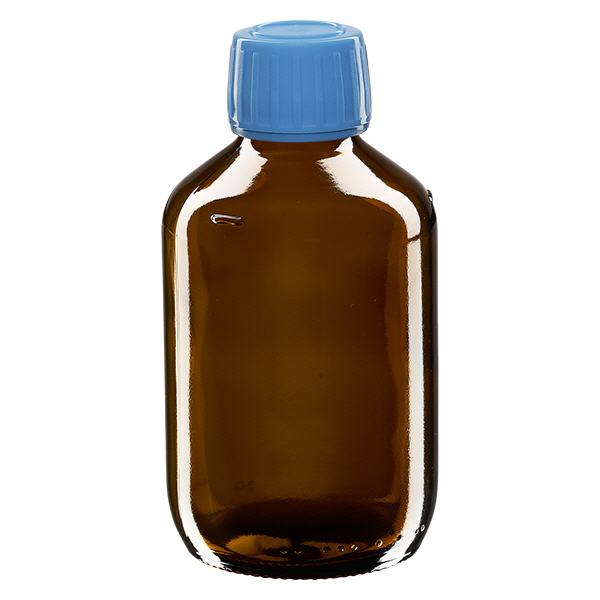 200ml Medizinflasche braun, Verschluss blau mit Originalitätsring ApoGlas 200ml Medizinflasche braun, Verschluss blau mit Originalitätsring ApoGlas