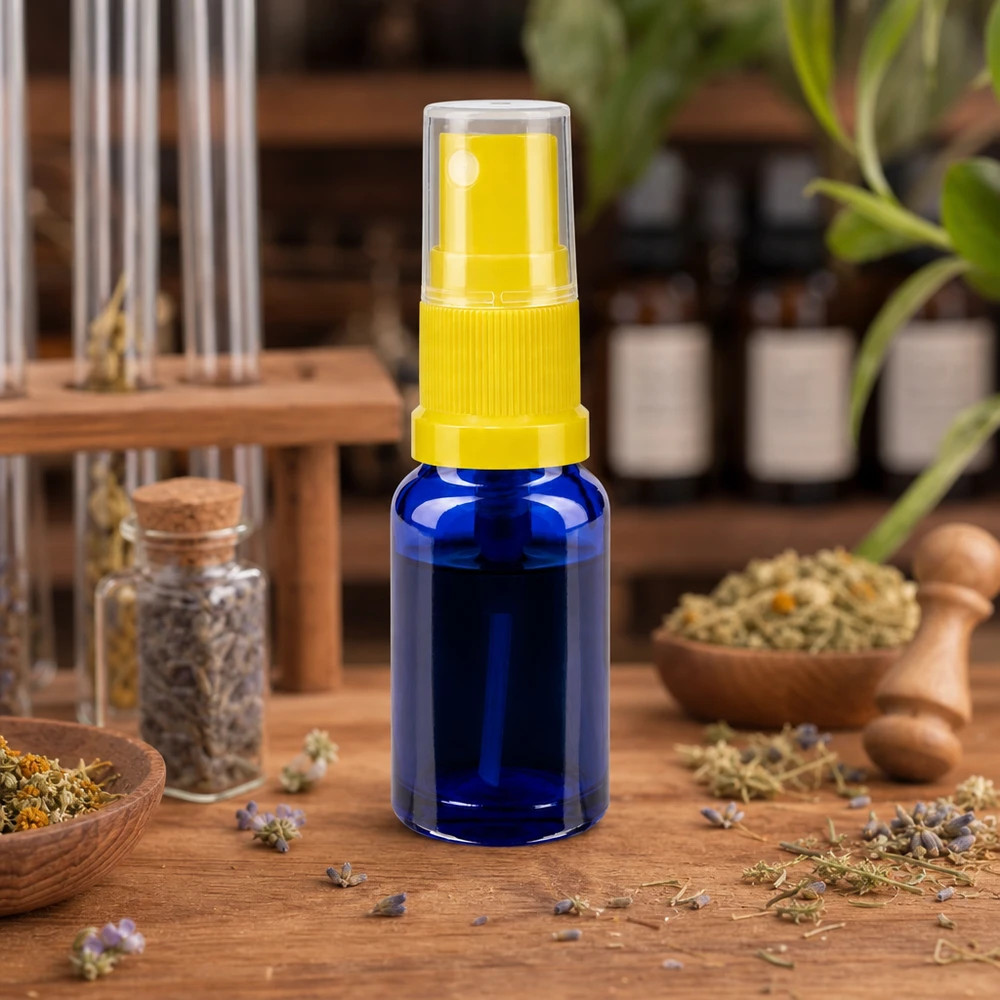 Schlanke blaue 30ml Sprühflasche aus UV-Schutzglas mit gelbem Dosierkopf für Aromatherapie