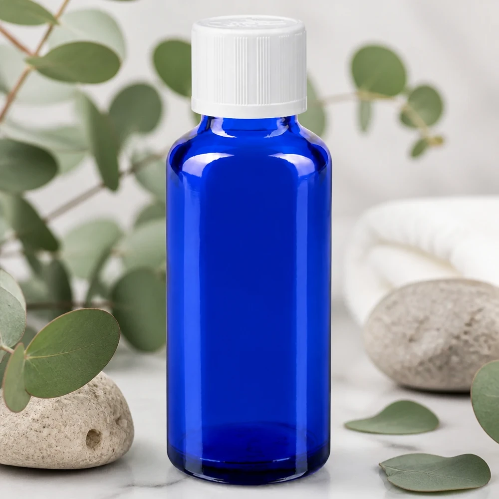 Pharmazeutische Blauglasflasche 30ml mit 1,2mm Tropfeinsatz und weißem kindersicherem Verschluss