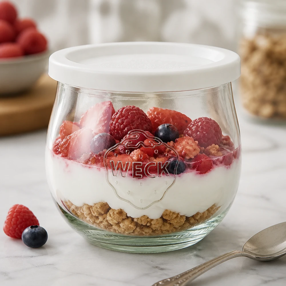 370ml Tulpenglas mit Frischedeckel WECK RR80 WECK Tulpenglas 370ml als Dessertschale mit Joghurt und Beeren gefüllt, weißer Frischedeckel RR80 sichtbar