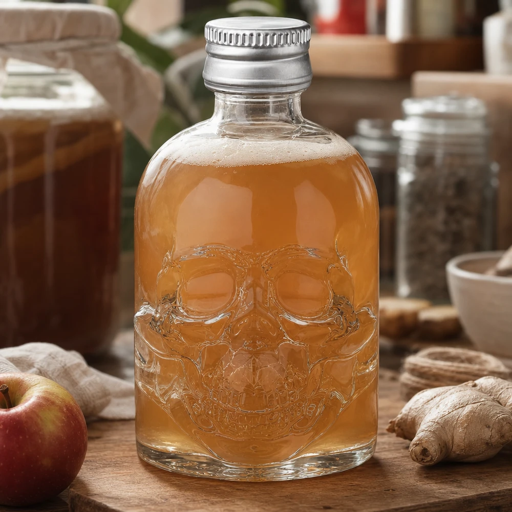 50ml Glasflasche Hector mit Totenkopf-Relief gefüllt mit Apfel-Ingwer-Getränk in natürlicher Küchenumgebung