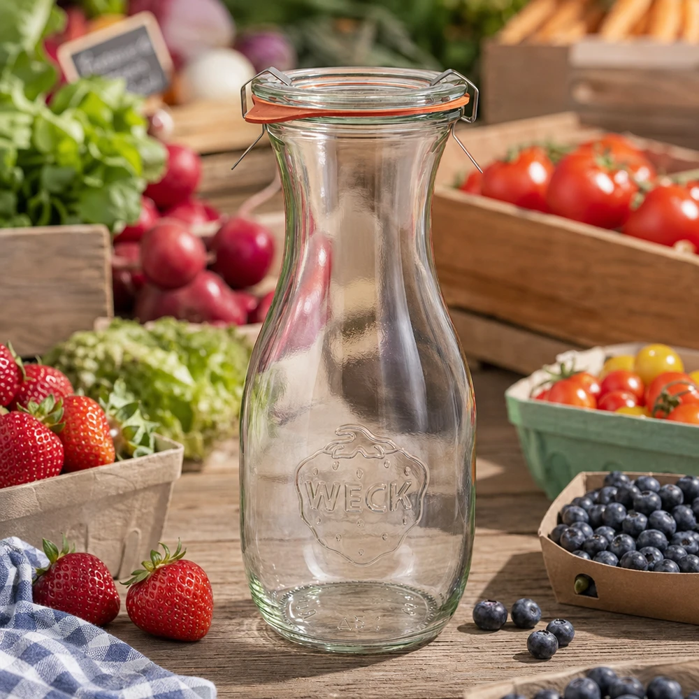 530ml Saftflasche komplett WECK RR60 WECK Saftflasche 530ml RR60 leer mit Bügelverschluss zwischen frischem Obst und Gemüse auf Holztisch