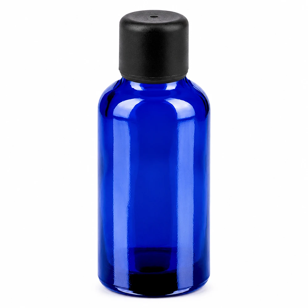 30ml Flasche 6mm Schraubverschluss schwarz Standard BlueLine UT18/30 30ml blaue Apothekerflasche mit schwarzem Deckel für Seren und Tinkturen
