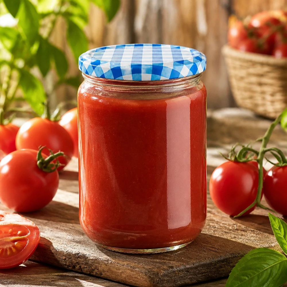 UNiTWIST 555ml Rundglas mit roter Tomatensoße BasicSeal Deckel blau weiß kariert Holzuntergrund