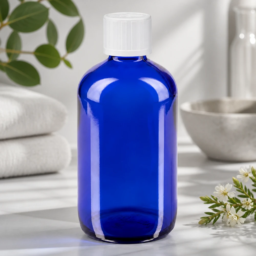 Apothekenflasche blau 100ml Tropfverschluss weiß Kindersicherung Standard Kindersichere Tropfflasche 100ml ApoGlas blau für Pharmazeutika und Naturheilmittel
