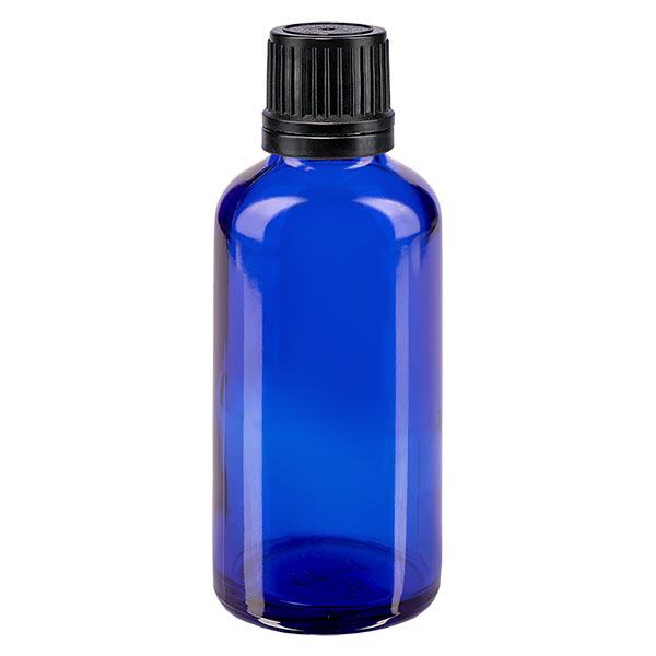 Apothekenflasche blau 50ml Tropfverschluss Giessring 1mm schwarz Originalitätsverschluss