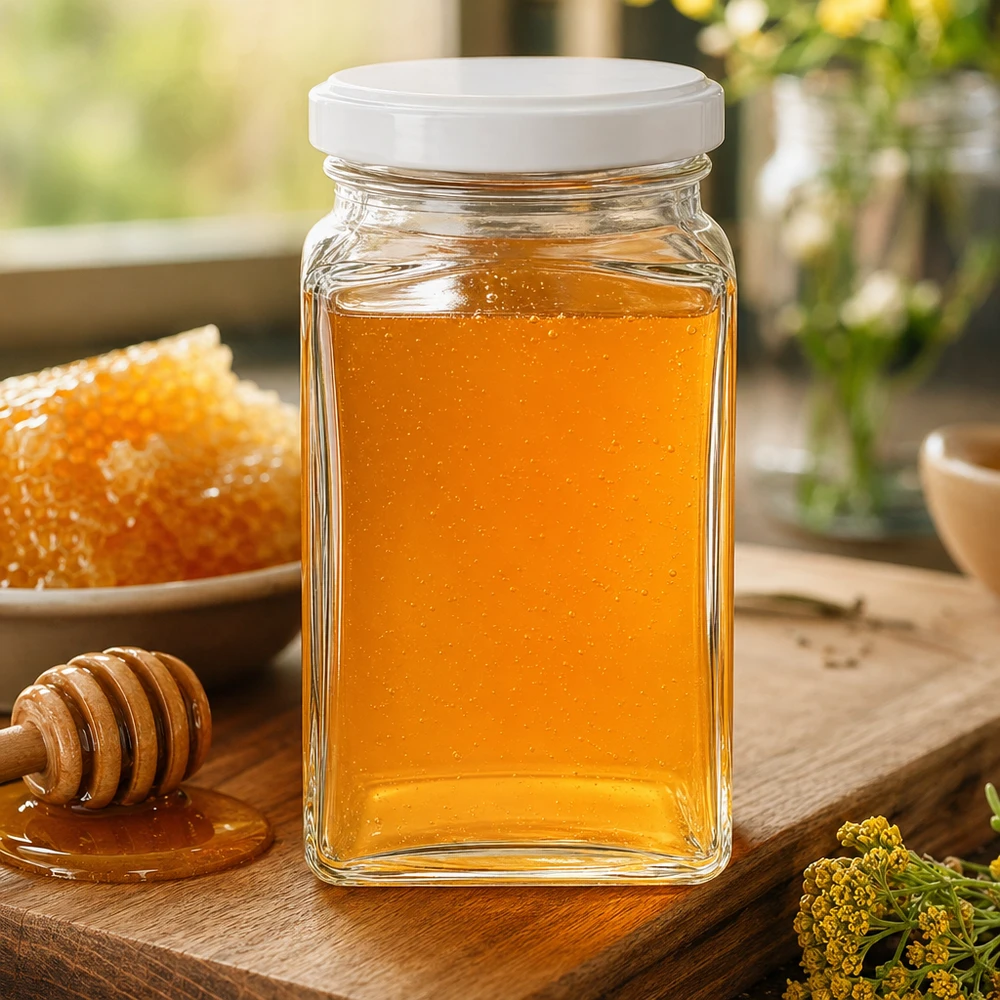 260ml Tetraglas BasicSeal mit Honig gefüllt auf rustikalem Holzbrett mit Honiglöffel und Wildblumen Landküche Stil