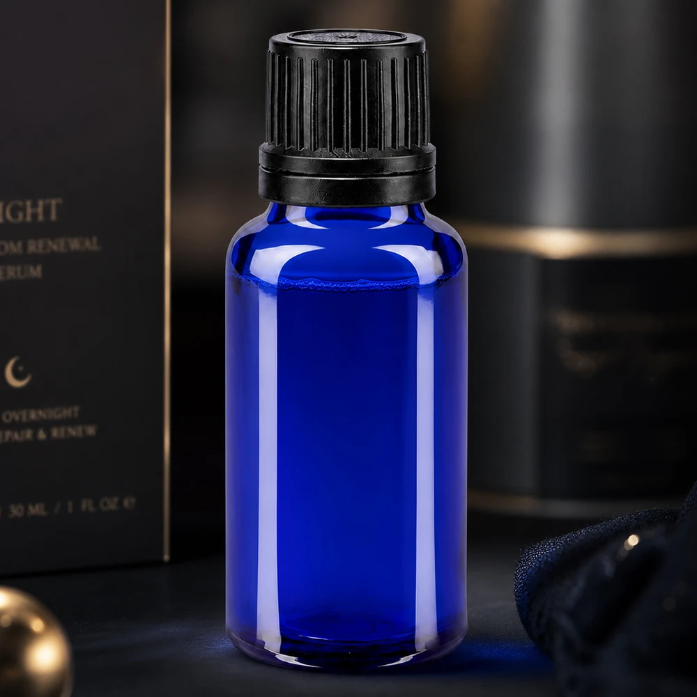 Lichtschutzflasche 20ml kobaltblau mit schwarzem Tropfverschluss für empfindliche Öle und Essenzen