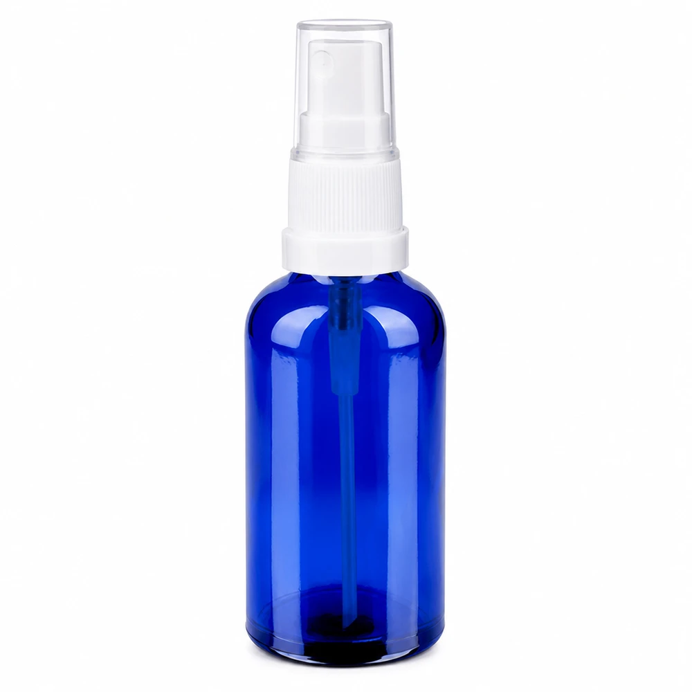 50ml Sprayflasche weiß/transparent Standardverschluss BlueLine UT18/50 Robuste 50ml Zerstäuberflasche aus blauem Glas mit ergonomischem Sprühkopf