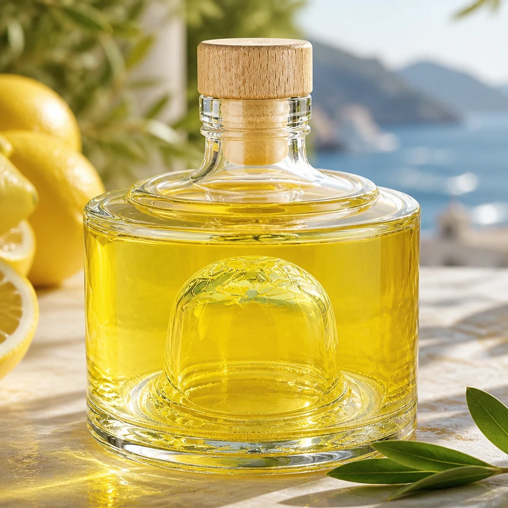 200ml Glasflasche Barbara gefüllt mit gelber Flüssigkeit Olivenöl auf Holztisch mediterrane Atmosphäre Produktansicht