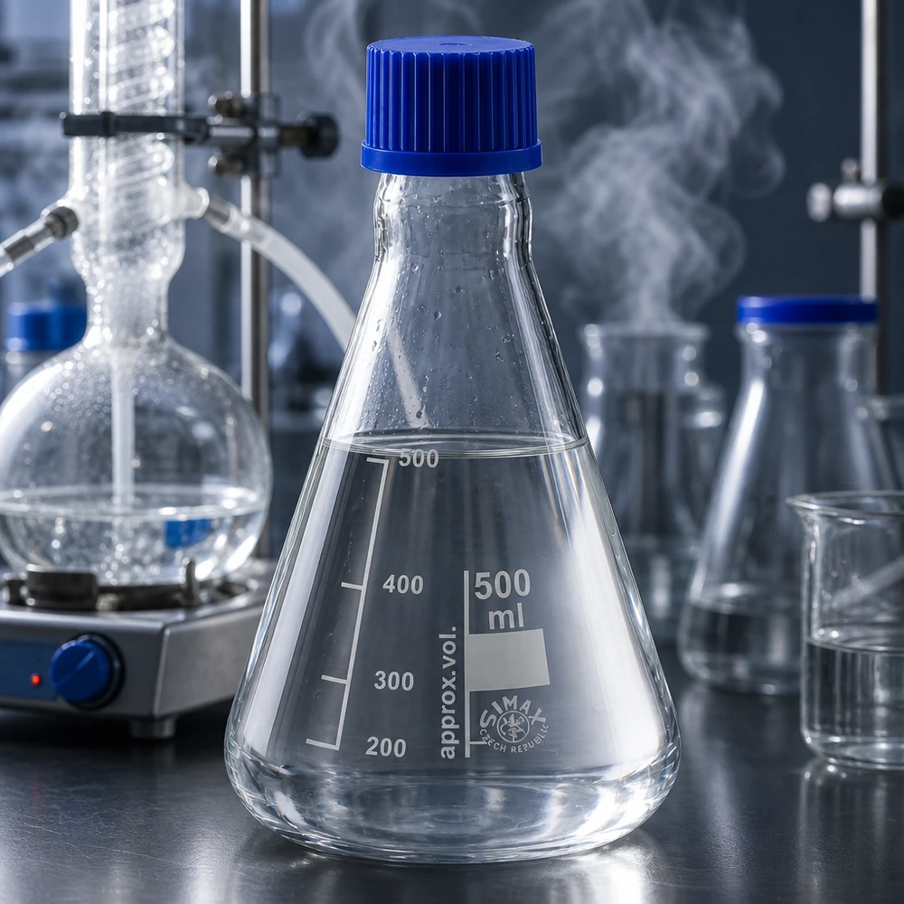 Erlenmeyerkolben 500ml mit Schraubkappe Graduierter Erlenmeyerkolben 500ml mit chemikalienresistentem Verschluss für Synthesearbeiten