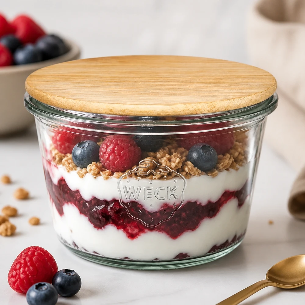 WECK RR100 Sturzglas 370ml mit Bambusdeckel gefüllt mit Beerenmüsli-Schichtdessert - Joghurt Granola Himbeeren