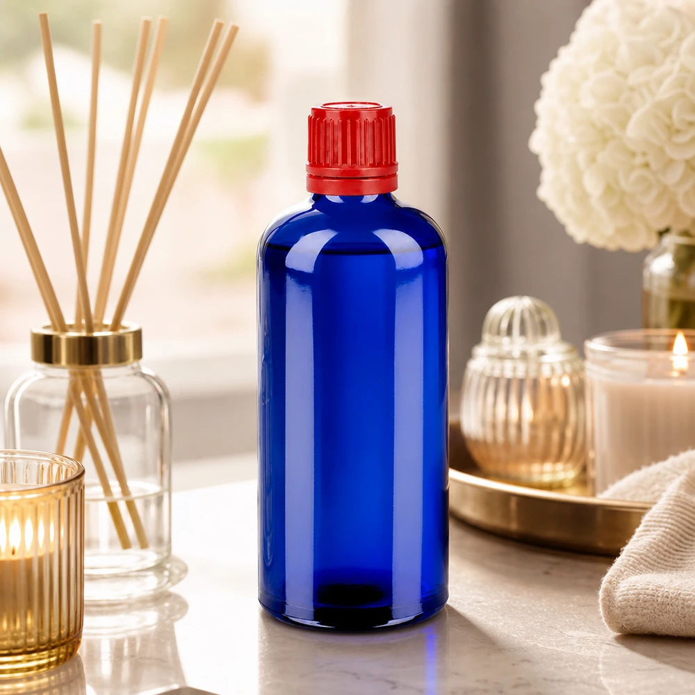 100ml Flasche 11mm Schraubverschluss rot Originalitätsverschluss BlueLine UT18/100 Premium 100ml Glasflasche für Kosmetik und Pharmazie mit hygienischem Schraubverschluss