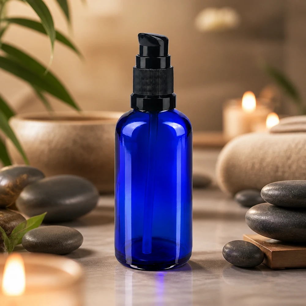 Apothekenflasche blau 50ml PumpVerschluss schwarz Standard Runde blaue 50ml Glasflasche mit schwarzem Spenderkopf im Spa Ambiente