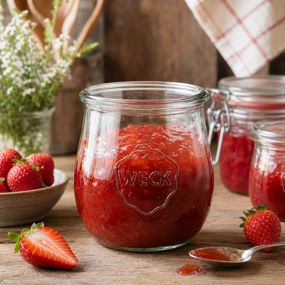 220ml Tulpenglas WECK RR60 WECK Tulpenglas 220ml RR60 gefüllt mit roter Erdbeermarmelade auf rustikalem Holztisch mit frischen Erdbeeren