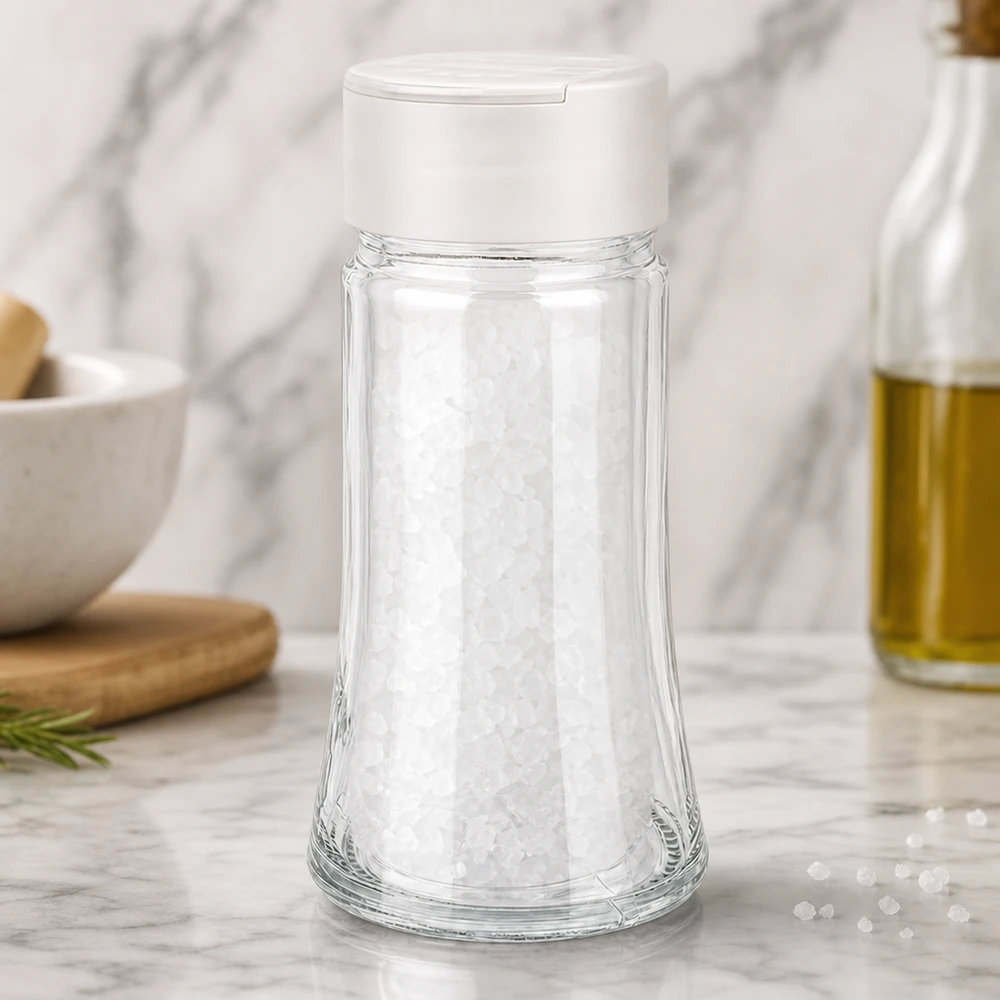 Salz-/Gewürzglas 95ml mit Doppelstreuer weiss Gewürzglas 95ml mit Doppelstreuerdeckel weiß neben Olivenölflasche auf Marmorarbeitsplatte