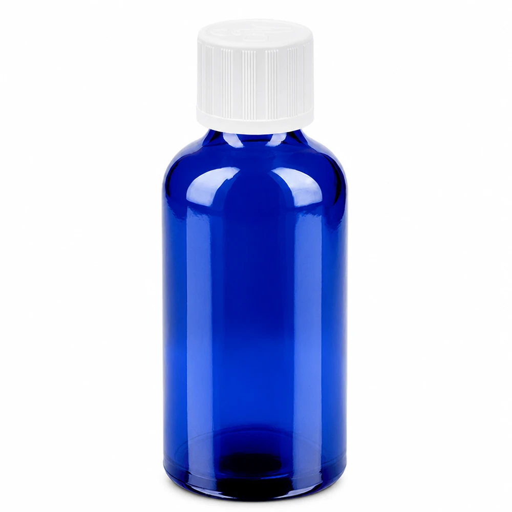 Hochwertige blaue Glasflasche 50ml mit manipulationssicherem Verschluss BlueLine