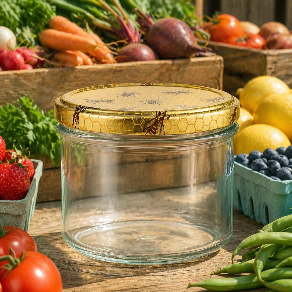 250g Honigglas mit Bienenwaben-Deckel umgeben von frischem Gemüse Obst und Beeren auf rustikalem Holztisch