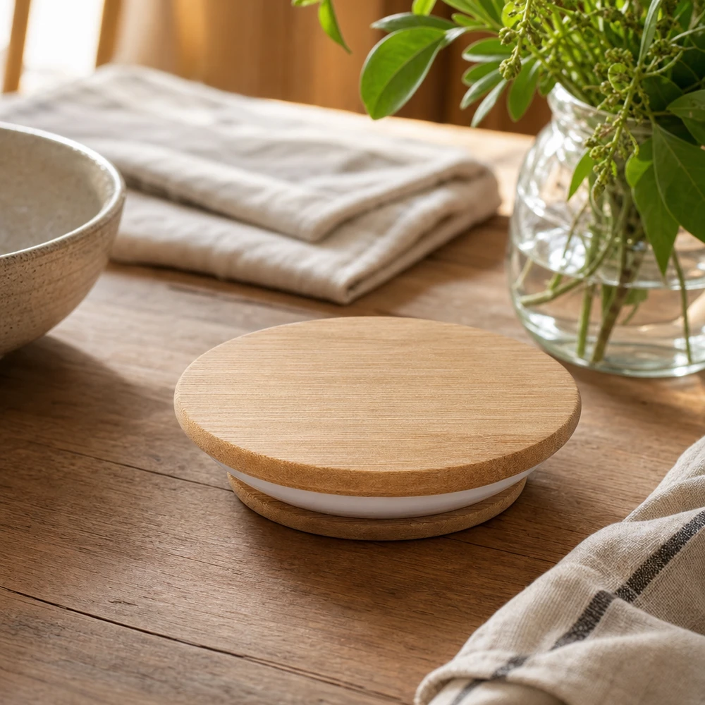 Holzdeckel (Buche) unbedruckt für WECK RR80 WECK Holzdeckel RR80 Version A Lifestyle-Aufnahme auf Holztisch mit Dekoration zeigt natürliche Wohnambiente-Integration
