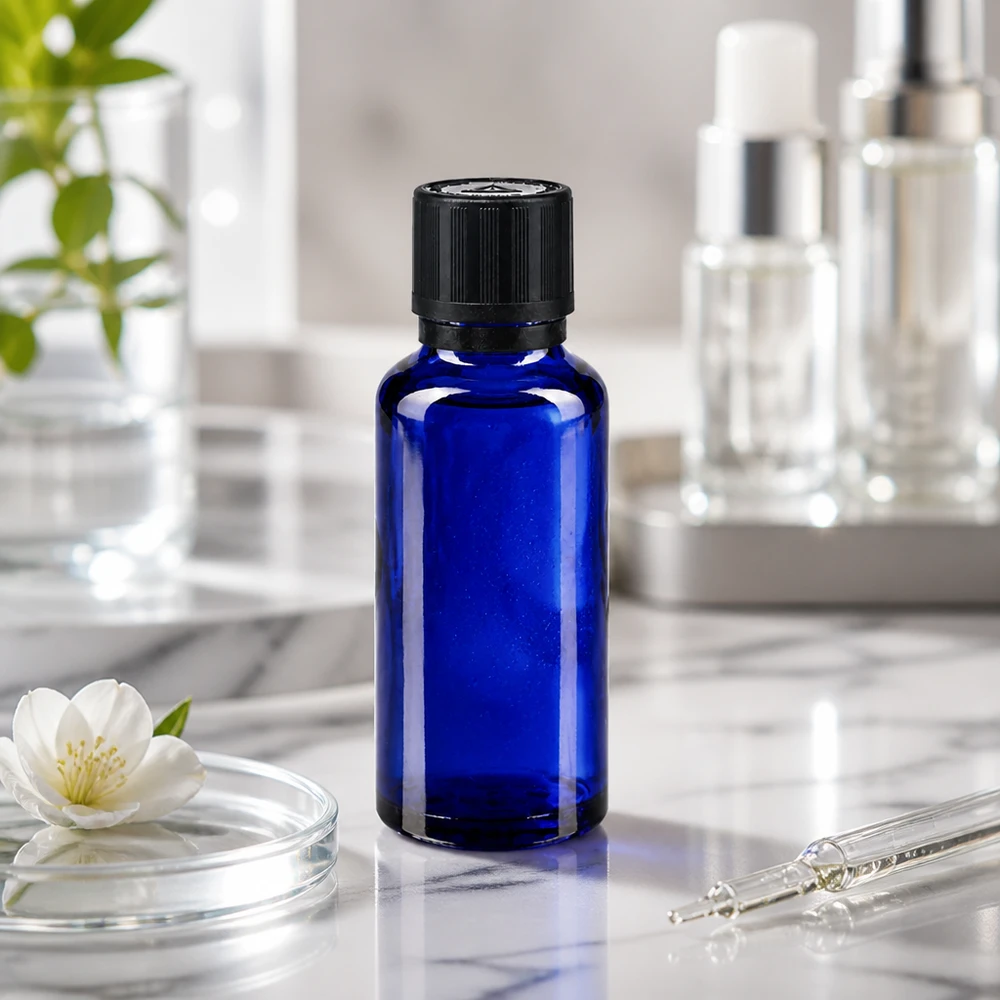 Apothekenflasche blau 30ml Tropfer Giessring 1mm schwarz Kindersicherung Blindenwarnsymbol Originalitätsverschluss Kleine blaue Glasflasche 30ml mit Originalverschluss und Tropfeinsatz auf weißem Marmor