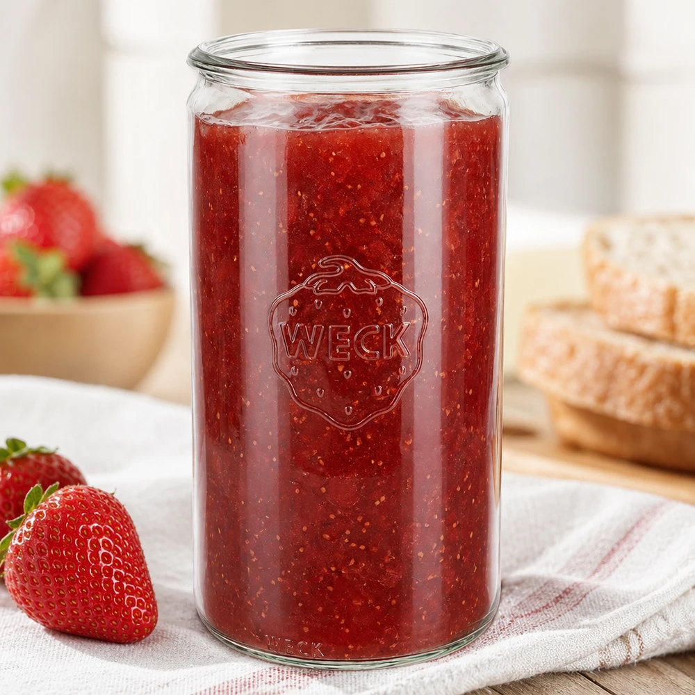 1590ml Zylinderglas WECK RR100 WECK Zylinderglas 1590ml RR100 gefüllt mit Erdbeermarmelade neben frischen Erdbeeren und Brot in heller Küche