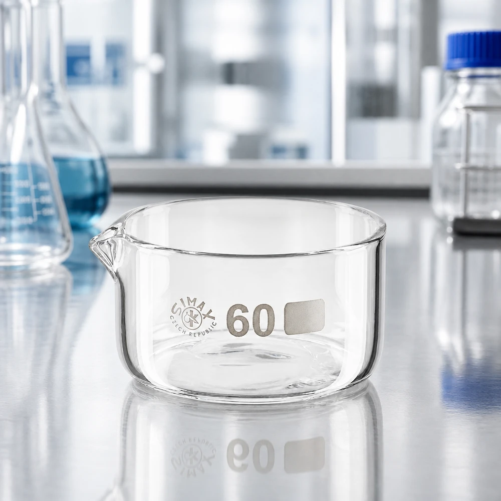 60ml Kristallisierschale mit Ausguss Borosilikat ø60mm Laborschale 60ml Glas Kristallisieren Ausguss Chemielabor niedrig zylindrisch Simax Qualitätsglas