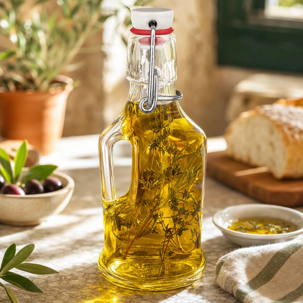 200ml Glasflasche "Bertha" + Porzellan Bügelverschluss UNiTW Glasflasche Bertha 200ml mit Kräuteröl gefüllt mediterrane Küchenszene Oliven Brot Bügelverschluss UNiTW
