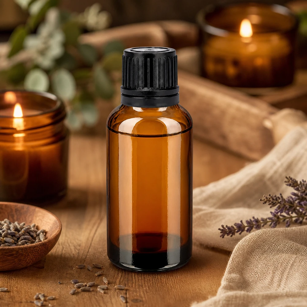 Professionelle Aromatherapie Flasche 30ml mit matter schwarzer Kappe und UV-Schutz Glas