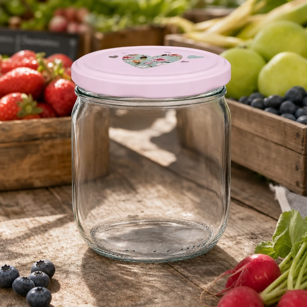 425ml Rundglas leer rosa Herz-Deckel BasicSeal Obstumgebung Marktstand frische Beeren Trauben Holzkiste