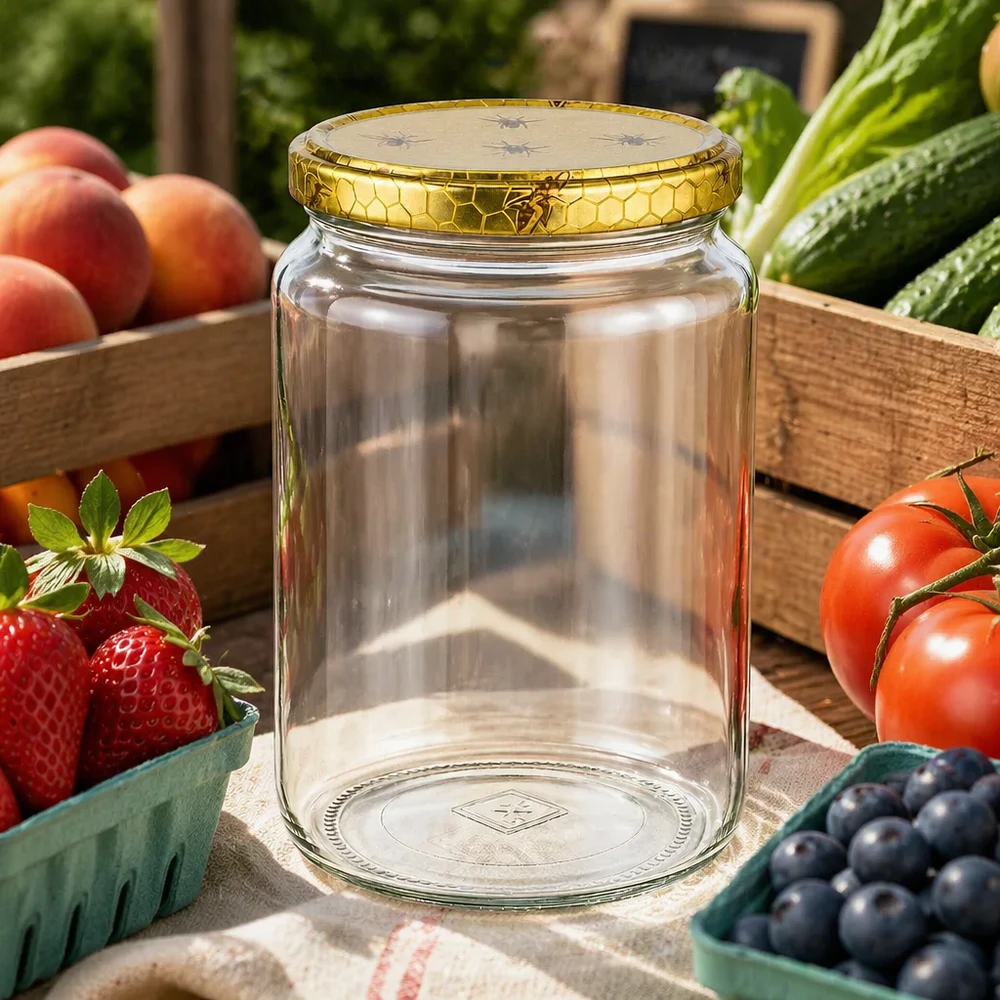 1000g Honigglas mit Bienenwaben-Deckel umgeben von frischem Obst und Gemüse in Holzkisten rustikale Marktszene