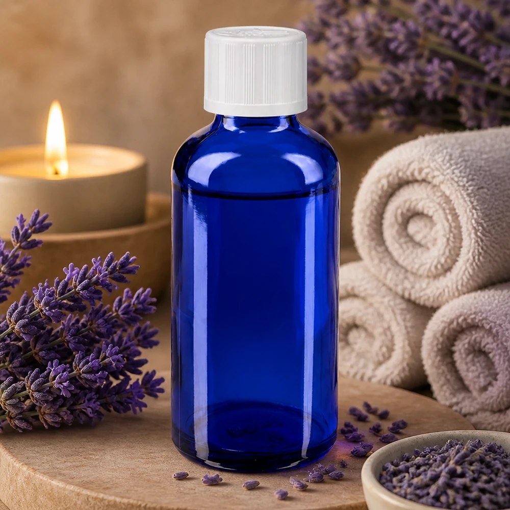 Apothekenflasche blau 50ml Tropfverschluss weiß Kindersicherung Standard Kobaltblaue Apothekerflasche mit KiSi-Verschluss umgeben von Lavendel gerollten Handtüchern