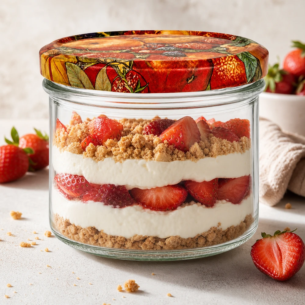 225ml Sturzglas + BasicSeal Deckel Obst-Dekor UNiTWIST 225ml Sturzglas Obst-Dekor mit cremigem Erdbeer-Schichtdessert gefüllt, Dessertglas für Tiramisu und Parfait