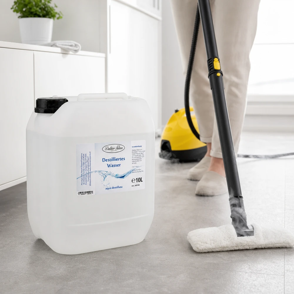 Destilliertes Wasser 10L Doktor-Klaus Doktor-Klaus Aqua destillata 10L mit blauem Produktlabel in moderner Küchenumgebung