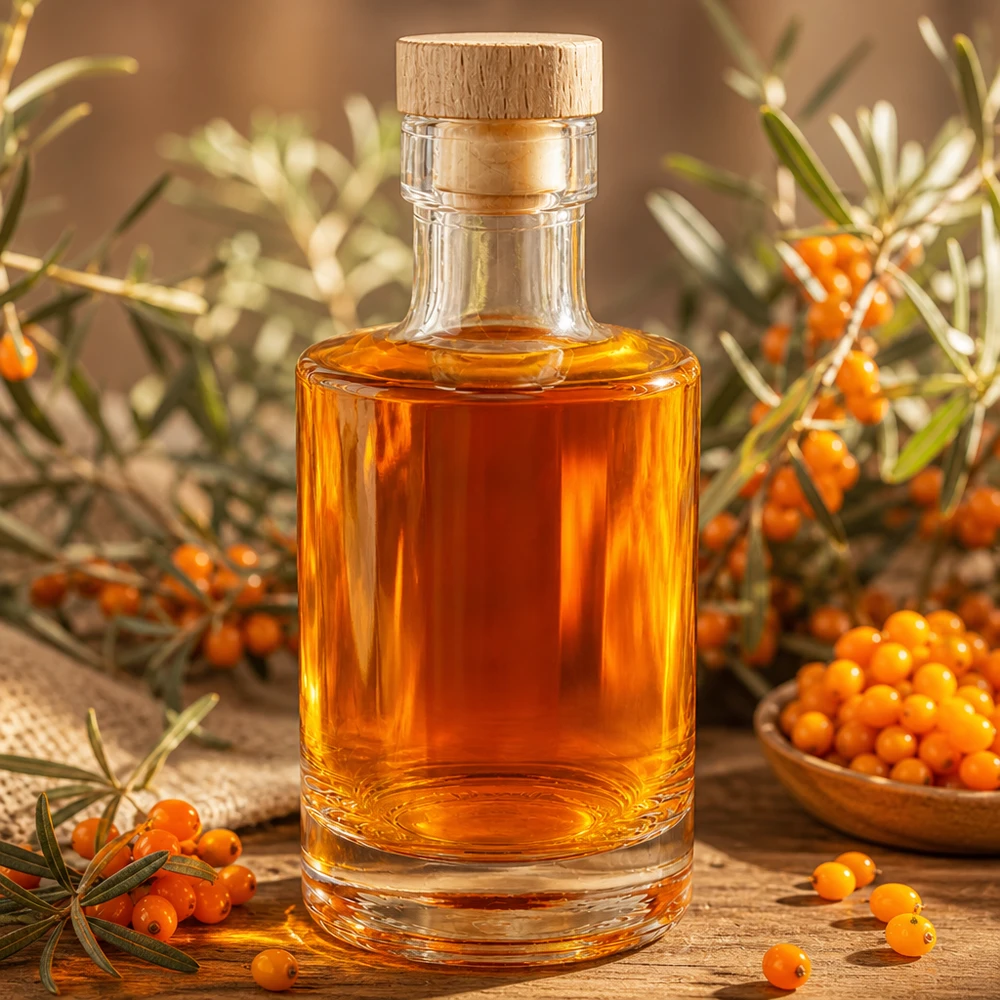 200ml Glasflasche "Marie" mit Holzgriff-Korken UNiTWIST 200ml Glasflasche Marie mit Sanddornöl gefüllt, Holzkorken-Verschluss, natürliche Deko mit Sanddornbeeren und Zweigen